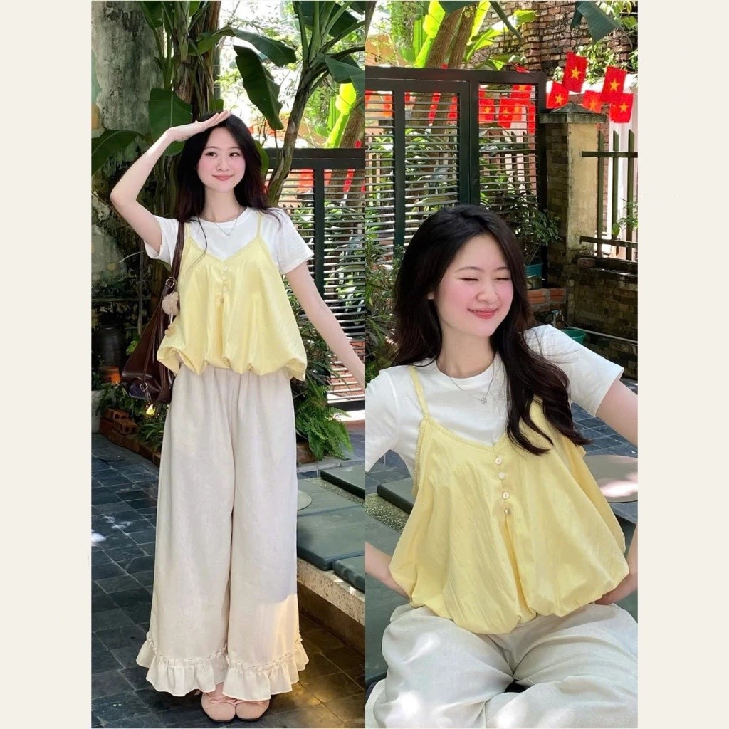 Set Yếm Nữ 2 Dây Dáng Bí Cúc Dọc Kèm Áo Thun Trơn (Có Bán Lẻ Yếm)  MA3807