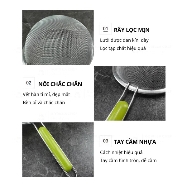 Rây Lọc Inox Cao Cấp Tay Cầm Cách Nhiệt, Lọc Thực Phẩm Nhanh và Tiện Lợi