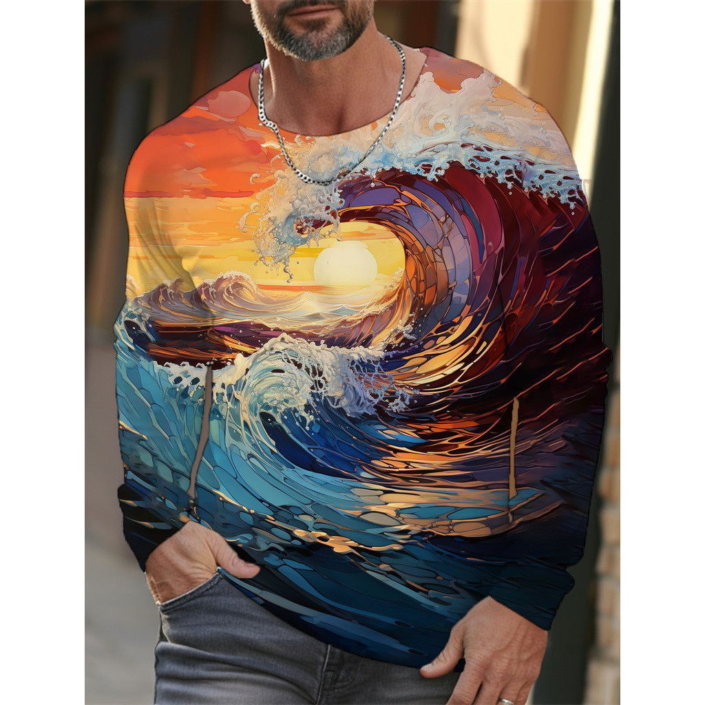 Áo thun nam dài tay in 3D Ukiyoe Wave Cat | Phong cách mùa thu 2025