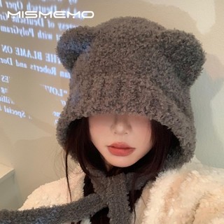 MISMEMO Tai Gấu Dễ Thương Mũ Len Nữ Thu Đông Đầu Lớn Chu Vi Mặt Nhỏ Mũ Dệt Kim Phiên Bản Hàn Quốc Mũ Bảo Vệ Tai Ấm Áp