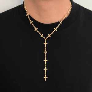Vòng cổ tua rua chữ Y chữ thập vàng nam - 51-60cm có thể điều chỉnh - Choker dài sang trọng tối giản - Thiết kế chữ thập mạ vàng