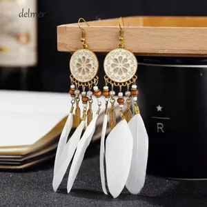 Bông tai tua rua lông vũ DELMER, Phong cách dân tộc Màu sắc tươi sáng Bông tai rối lông vũ Bohemian, Ins Hợp kim kẽm Tua dài hình giọt Boho Bông tai thả nữ