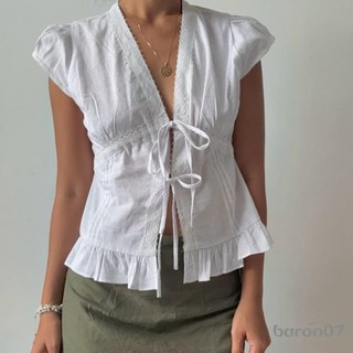 [xRsR] Áo Sơ Mi Nữ Tay Ngắn Buộc Ren Chắp Vá Slim Fit Áo Sơ Mi Mùa Hè