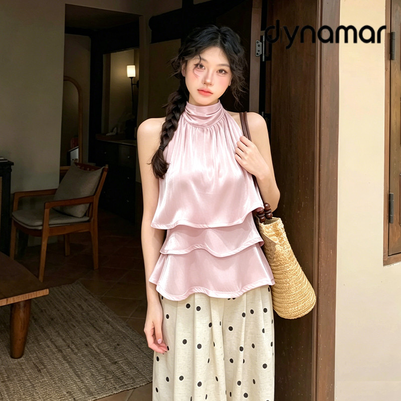 【dynamar】Áo Cami kiểu Pháp bóng bẩy dành cho nữ, viền bèo nhún, buộc dây, cổ yếm, hở lưng, không tay, dáng ôm