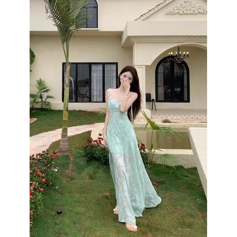 Pháp Độc Đáo Đẹp Eo Xanh Sling Gạc Đầm Nữ 2026 Phong Cách Mới Mùa Hè Đẹp Ôm Hơn Nhìn Váy Dài
