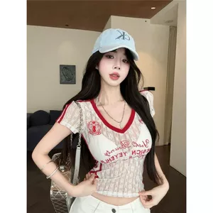 Phong Cách Mỹ Cổ Chữ V Hơi Trong Suốt Ren Thêu Áo Thun Nữ 2025 Niche Thiết Kế Gợi Cảm Slim-fit Hot Girl Ngắn Top 5.19