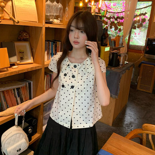 VM-Áo sơ mi nữ Áo sơ mi tay ngắn cổ sen  áo babydoll chấm bi phối 6 cúc lửng dáng vừa dễ thương