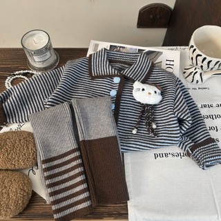 Phiên Bản Hàn Quốc Quần Áo Trẻ Em 2025 Phong Cách Mới Mùa Thu Bé Gái Sọc Dệt Kim Cardigan, Quần Legging Len Trẻ Em Hai Mảnh Bộ