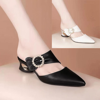 Dép Sục Nữ Cao Gót Mũi Nhọn Gót Vuông 5cm Viền Vàng, Thiết Kế Quai Da Mềm Phối Khoá Sang Chảnh  – Mã CG690