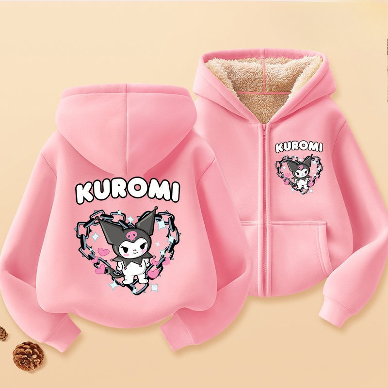 Kuromi Trẻ Em Zip Áo Khoác Lông Cừu Ấm Áp Lót Mềm Mại Hoạt Hình Có Mũ Trùm Đầu Áo Khoác Ngoài Thoải Mái Cho Bé Gái