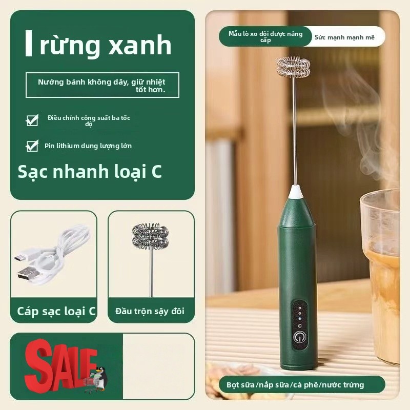 Máy đánh sữa cà phê sạc điện – 3 tốc độ, lò xo kép, cấp thực phẩm. Dùng cho cà phê, sữa, trứng, tiện lợi.