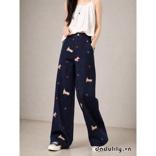 DADULILY Quần Jean Ống Thẳng Thêu Con Chó Con Màu Xanh Cổ Điển Của Mỹ