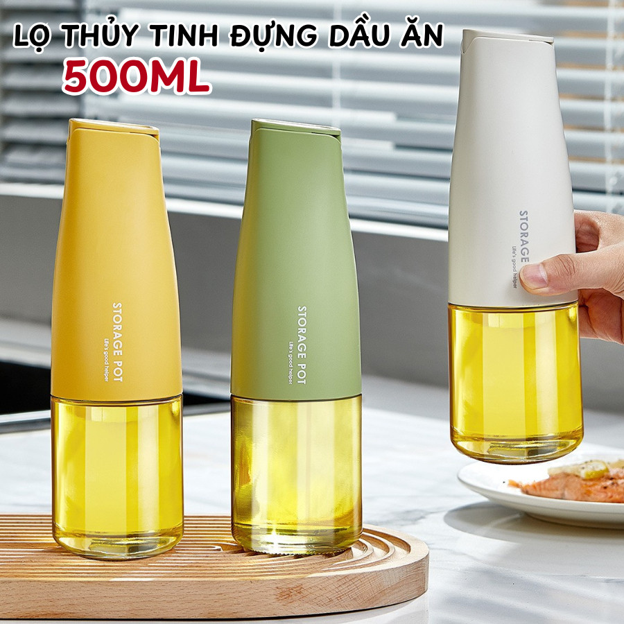 Chai Đựng Dầu Ăn Thủy Tinh 500ML HomeMate, Bình Rót Dầu Nắp Mở Tự Động Chống Tràn Tiện Lợi Nhà Bếp