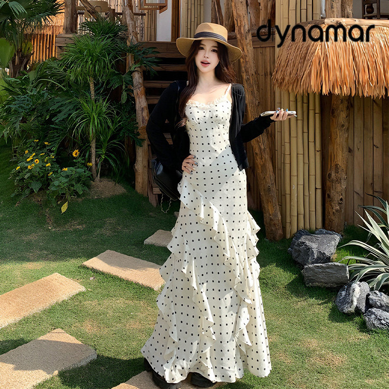 【dynamar】Đầm hai dây chấm bi kiểu Pháp, cạp cao, xếp ly, dáng đuôi cá, dài, không tay, thích hợp cho mùa xuân hè.