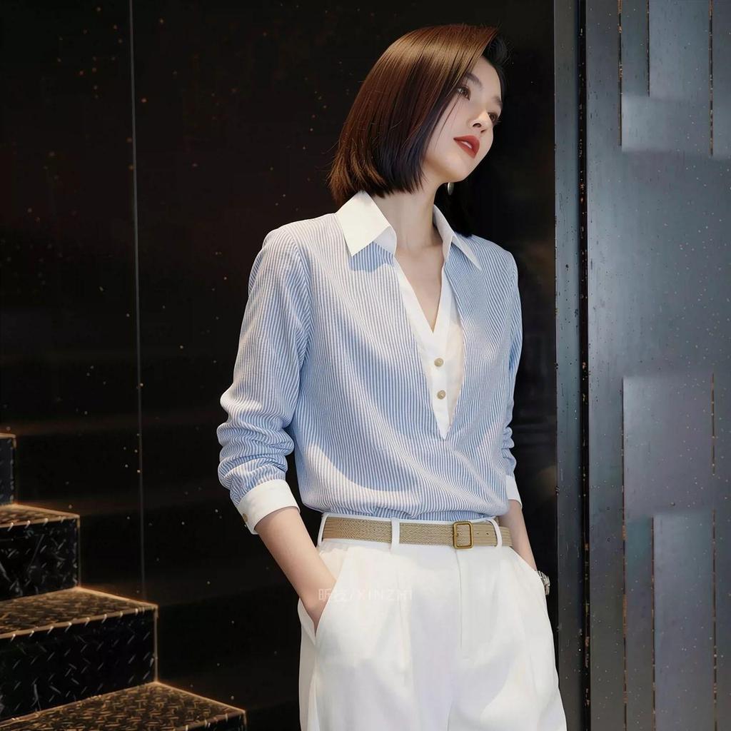 [Seckill có hạn trong thời gian] Áo sơ mi dài tay sọc siêu đẹp kiểu Pháp Quần áo mùa xuân nữ 2026 Phong cách mới Giả hai mảnh dáng ôm hơn