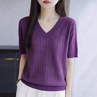 Dệt Kim Tay Ngắn Nữ Ice Silk Mùa Hè Áo Thun Cổ Chữ V Phong Cách Mới Rỗng Mỏng Top
