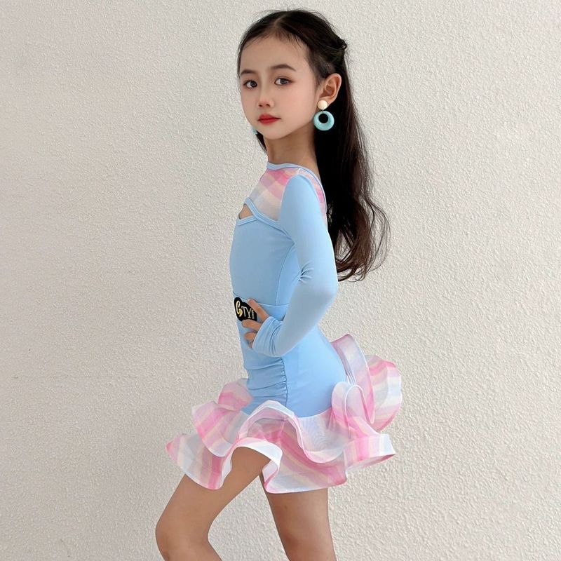 ✿ Trang phục khiêu vũ Latin tiêu chuẩn dành cho cuộc thi Trẻ em bé gái dài tay lưới Ruffle viền váy