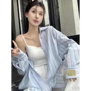 Áo sơ mi dài tay cổ áo polo sọc dáng rộng Áo khoác chống nắng nữ