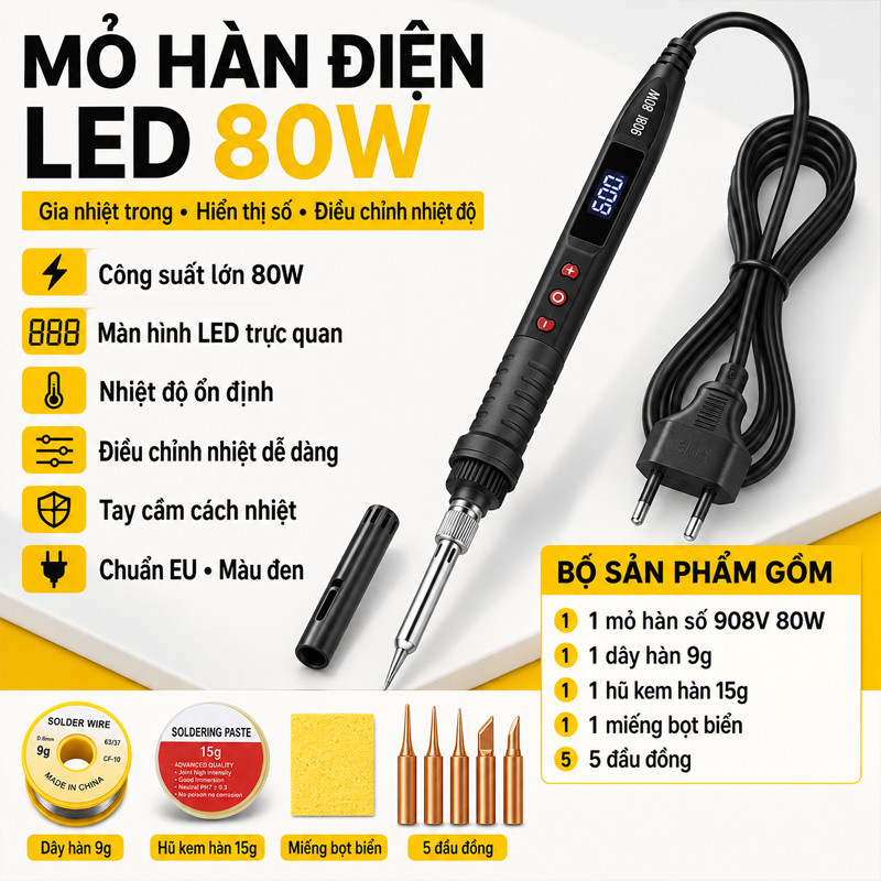Mỏ Hàn Điện Tử 80W 220V – Màn Hình LCD, Điều Chỉnh Nhiệt Độ, Hàn Chì Nhanh, Thiết Kế Chuyên Dụng Cho Thợ Điện