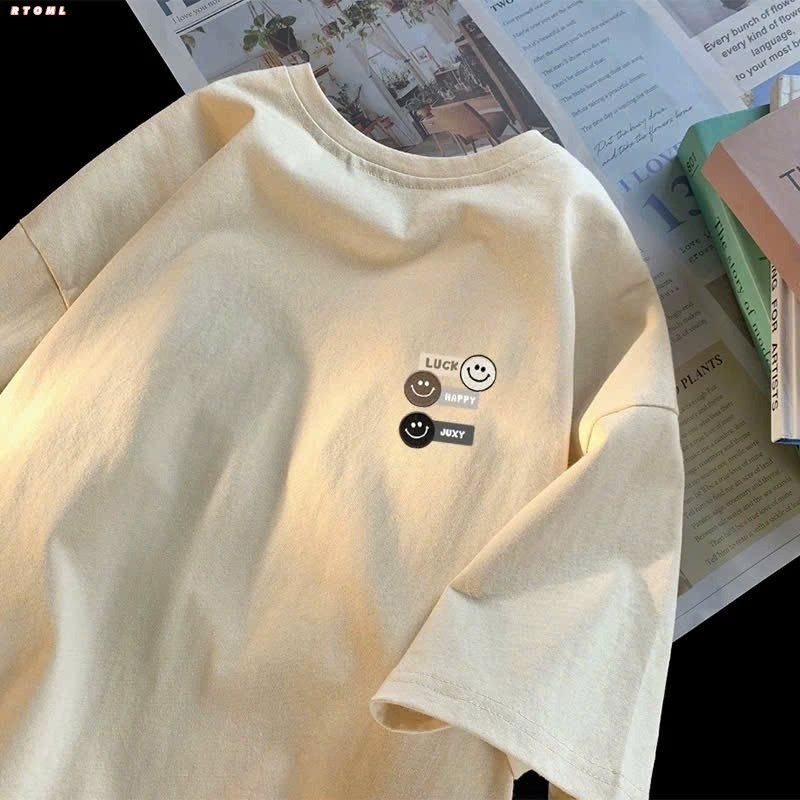 （Giao hàng 24h）Angela Áo thun phông nữ nam chất liệu cotton khô dày dặn form rộng tay lỡ in hình luckyhappy Local Brand