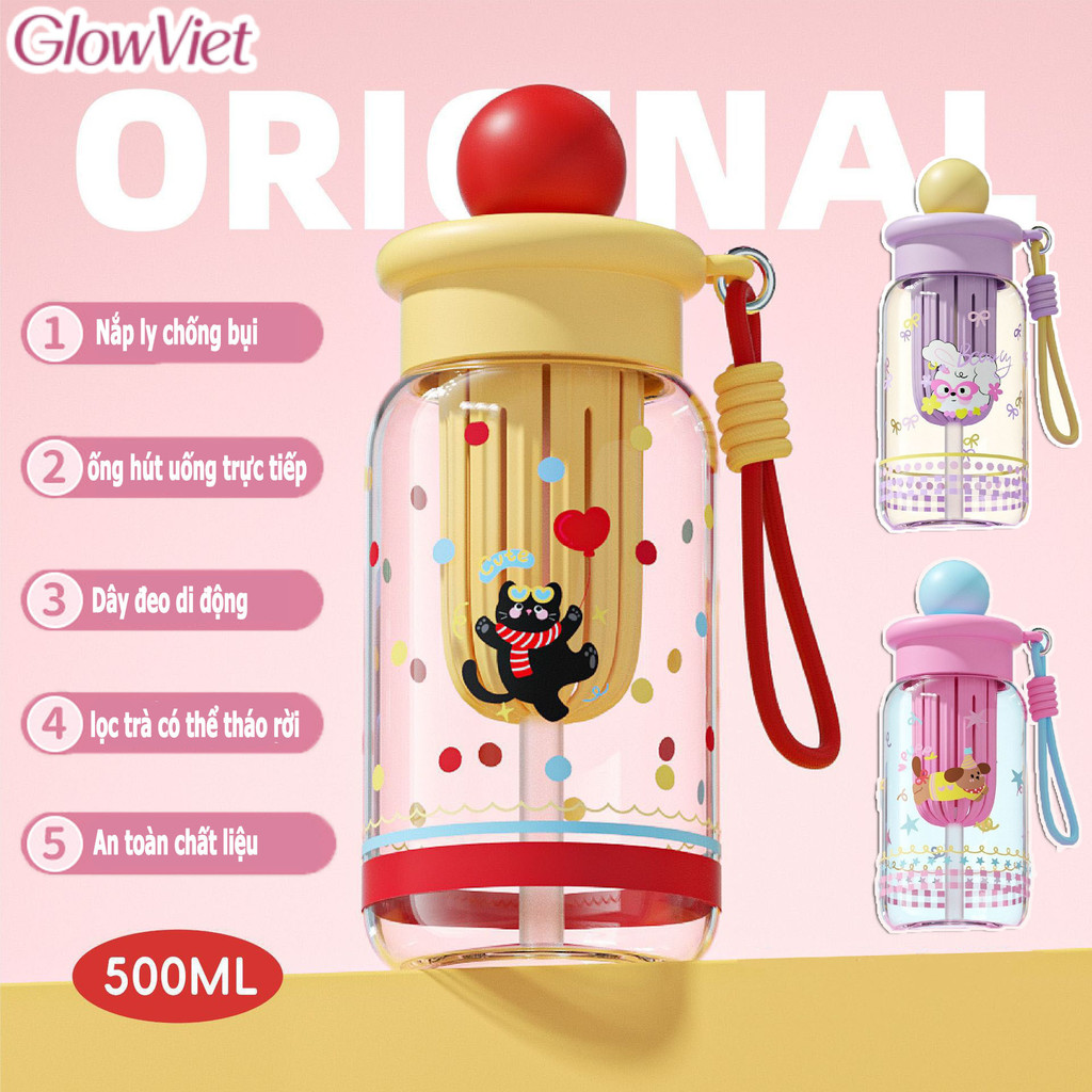 Cốc Nước Hoạt Hình Dễ Thương,500ML,Cốc ống Hút,Dây đeo di động,Kèm theo lọc trà,Chất Liệu An Toàn