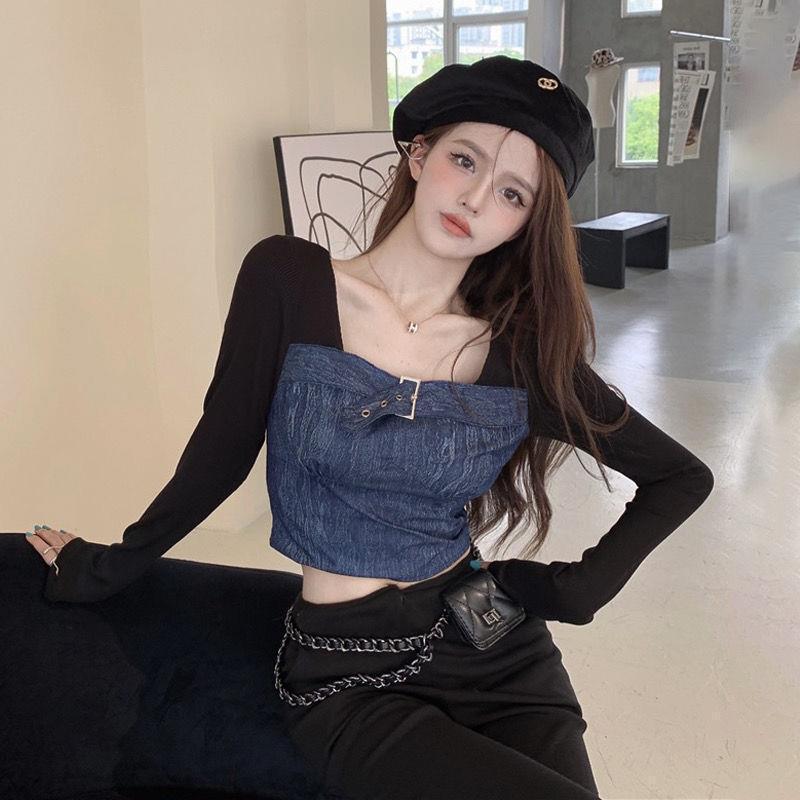 Ngọt Cay Khâu Denim Dài Tay Giả Hai Mảnh Đáy Áo Sơ Mi Nữ Mùa Thu Thiết Kế Niche Pure Desire Ngắn Top