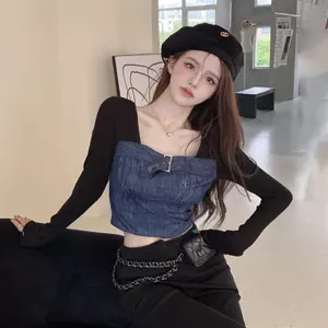 Ngọt Cay Khâu Denim Dài Tay Giả Hai Mảnh Đáy Áo Sơ Mi Nữ Mùa Thu Thiết Kế Niche Pure Desire Ngắn Top