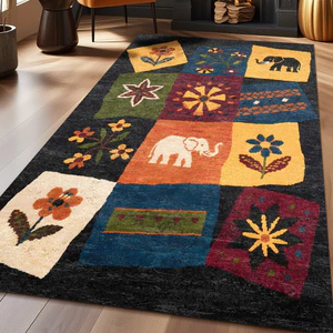 Thảm trải sàn nhung phong cách vintage Họa tiết ô vuông voi & hoa Dùng cho phòng khách, khu vực sofa – bàn trà Có thể giặt nước