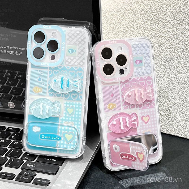 Ốp Điện Thoại Thích Hợp Cho iPhone 7 8 X XS XR XSMAX 11 12 13 14 15 16 17 Pro max Plus Air Blue Pink Grid Giá Đỡ Gương Cá Nhỏ Chống Sốc Vỏ Bảo Vệ Bao Gồm Tất Cả URR