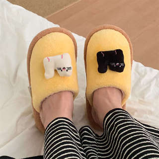 XIXITIAO Dép bông nam nữ mùa thu đông, mũi tròn, dễ thương, mèo trắng đen, thoải mái