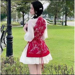 Set Áo Dài Cách Tân Cổ Tròn Thêu Hoa Đính Nơ Phối Chân Váy Xoè Chất Tơ Nến Trang Phục Diện Ngày Tết Ld_Store Fashion