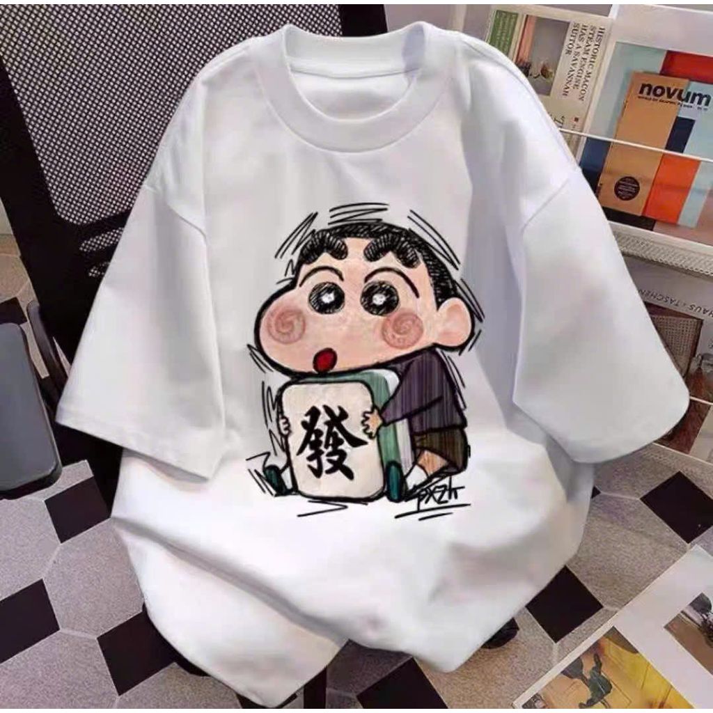 Áo phông unisex tay lỡ chất cotton su thoáng mát-hình chú bé shinn dễ thương