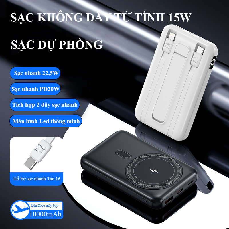 Sạc Dự Phòng Không Dây 10000mAh Tích Hợp 2 Dây Sạc Nhanh Nam Châm Hít Chắc Tiện Lợi Cho Táo/Android