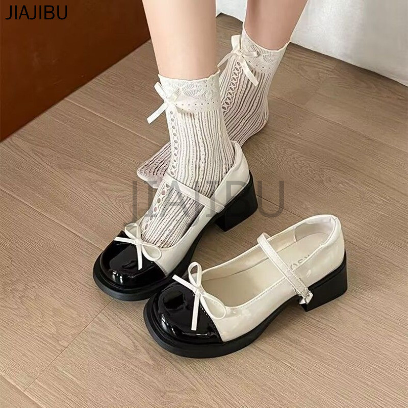 Giày Lolita Kiểu Công Chúa Nhật Bản Cổ Điển Phối Màu Có Nơ Dành Cho Nữ Korean Fashion Casual Platform Mary Jane Doll Shoes Giày Da Đen Mũi Tròn Gót Dày Chống Trơn Trượt Kiểu Anh Dành Cho Bé Gái