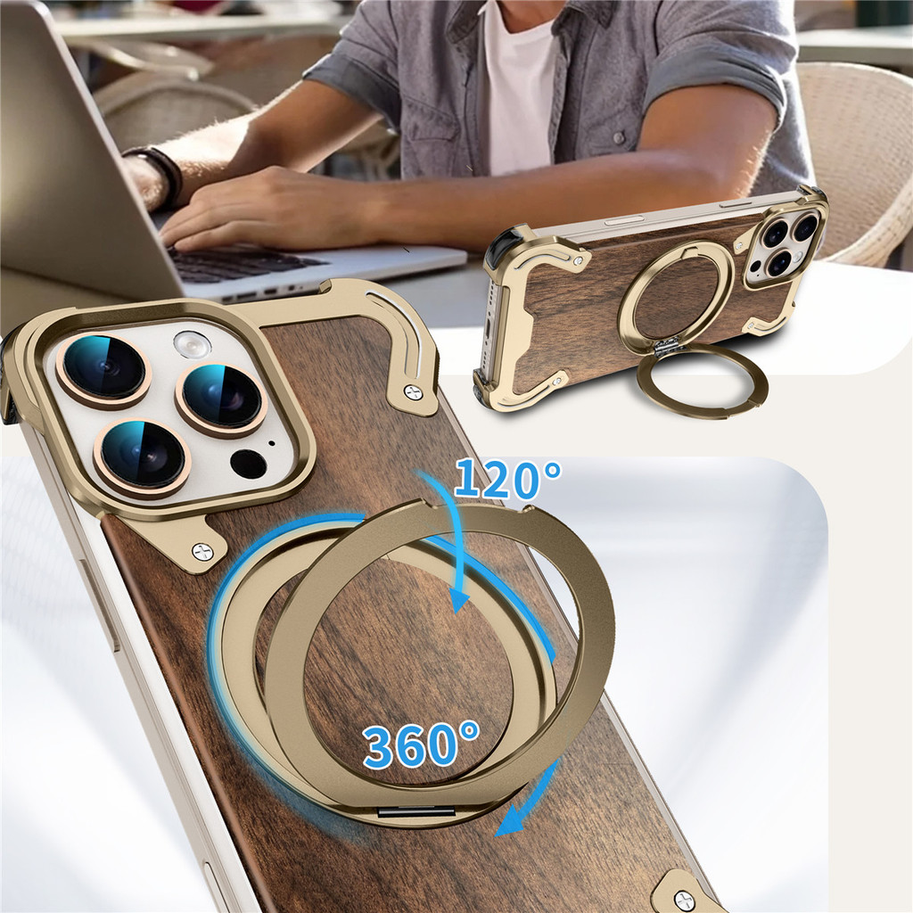 Hợp Kim Nhôm Điện Thoại Di Động Ốp Lưng Cho Funda iPhone 17 Pro Max 16 Pro Max 15 Pro Chắc Chắn Gỗ óc chó Kim Loại Đứng Cho Bao Da
