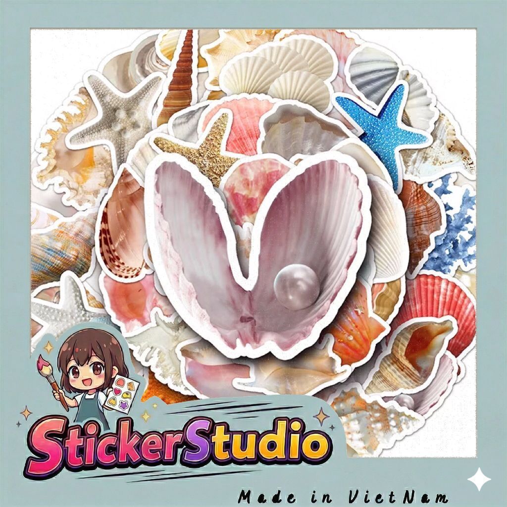 sticker các vỏ ốc và sinh vật biển