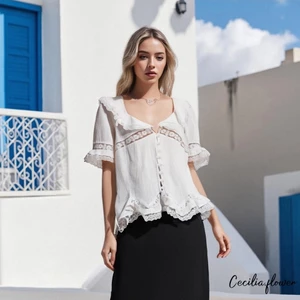 Áo Sơ Mi Nữ Tay Ngắn Ren Viền Ruffles Nút Cổ Chữ V Áo Rời Mùa Hè Áo Thường Ngày