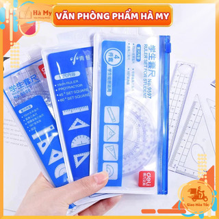 Bộ Thước 4 Món Deli E9597 Hộp Sắt Cao Cấp – Bộ Dụng Cụ Học Sinh Trong Suốt, Bền Đẹp, Tiện Lợi