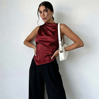 Nova-Áo vest satin cổ cao thanh lịch, vạt bất đối xứng, không tay, thời trang ôm sát dành cho nữ.