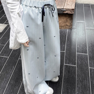 Quần ống rộng kẻ sọc in nơ dành cho nữ, quần cạp cao dáng suông mùa hè, quần casual.