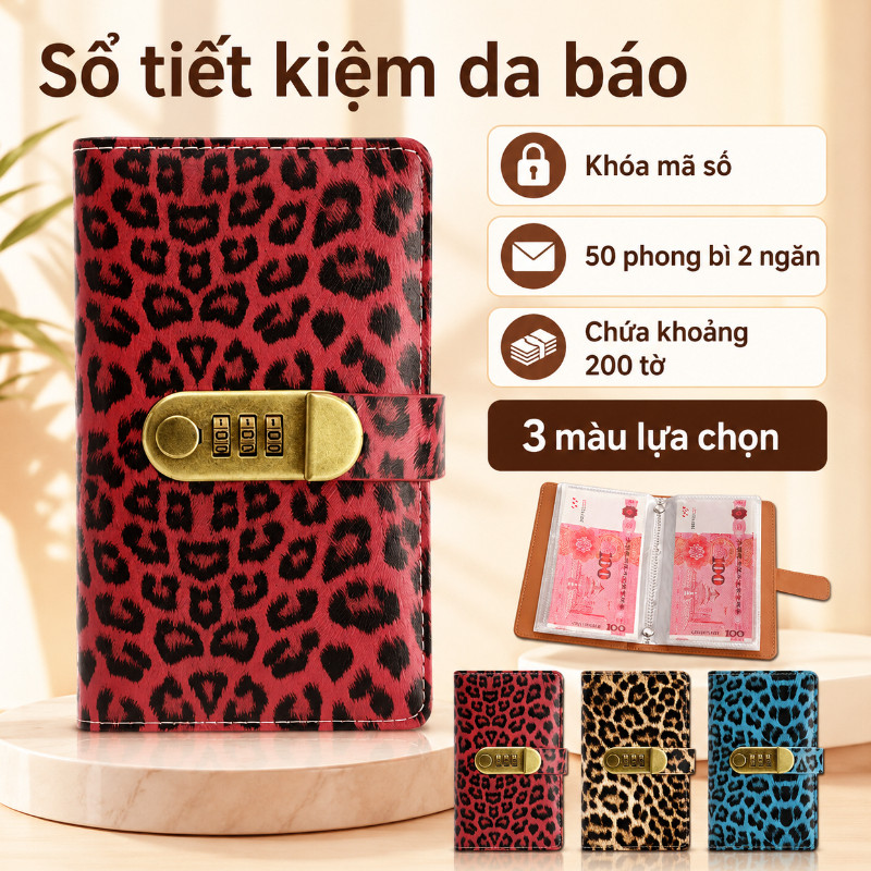 Sổ Tiết Kiệm Họa Tiết Da Báo,PU Mềm,khóa Mã Số,túi Zip đựng Tiền,sổ Quản Lý Chi Tiêu Cá Nhân