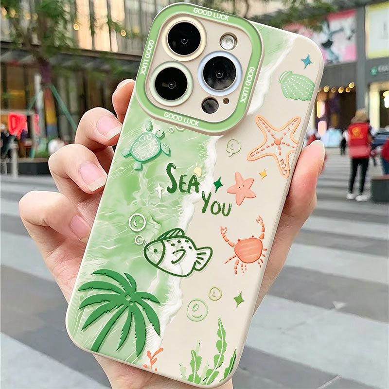 Ốp lưng iPhone silicon mềm bảo vệ máy ảnh bãi biển màu xanh lá cây - iP 7/8/11/12/13/14/15/16/17/Plus/Air/Pro/Max