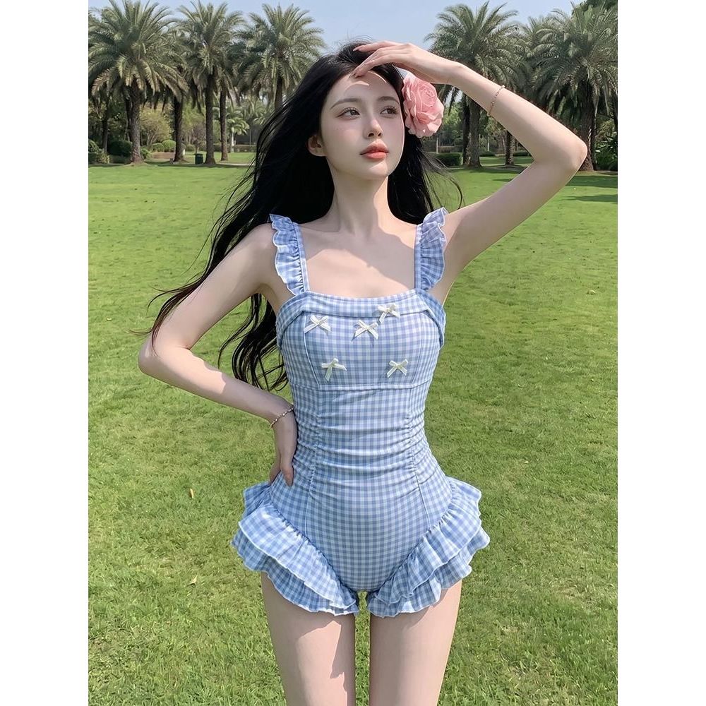 Đồ Bơi Nữ 1 Mảnh Kẻ CaRo Gingham Dễ Thương Áo Tắm Liền Thân Giấu Bụng Phối Nơ Rút Eo Tôn Dáng JUM CARO BÈO XANH VÀNG
