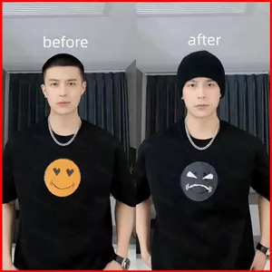 YB1 cười lật ngược hai màu hạt cổ tròn thay đổi khuôn mặt hoa văn Áo thun màu mùa hè sequin dáng rộng hàng đầu BY1