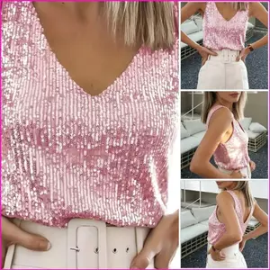 Women's Sleeveless Sparkles Shimmer Camisole Vest Glitter Sequins Tank Tops