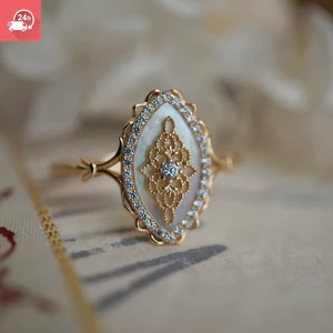 Tính khí cổ điển mới phong cách Trung Quốc dát kim cương zircon hình học vàng hình bầu dục cá tính Nhẫn nữ đa năng