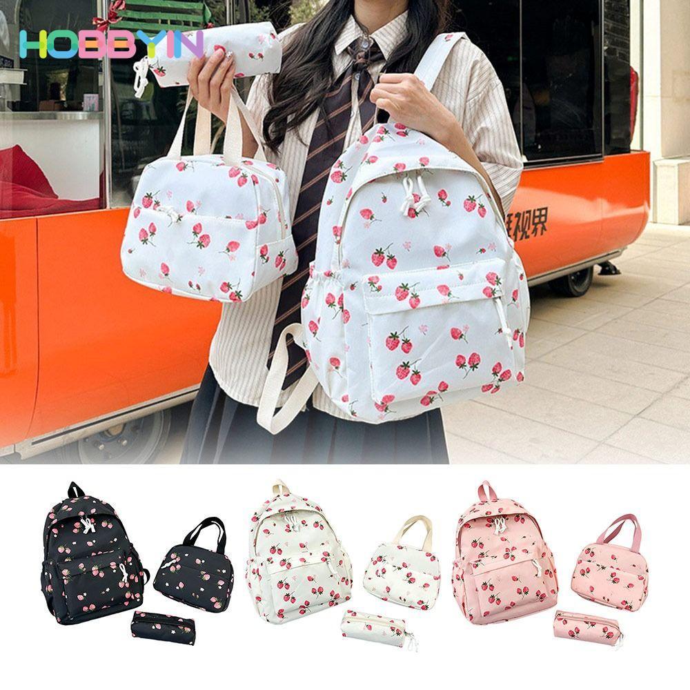HOBBYIN Túi đi học HOBBYIN, Ba lô dâu vải có thể điều chỉnh, Phong cách Preppy dễ thương với túi đựng đồ ăn trưa & bút chì Ba lô du lịch dung tích lớn dành cho nữ sinh viên