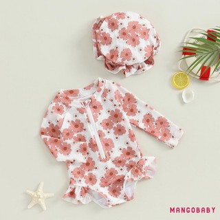 MG-Baby Bé Gái Đồ Bơi Tay Dài In Hoa Bikini Có Mũ Đồ Bơi Sơ Sinh Cho Tắm Mùa Hè