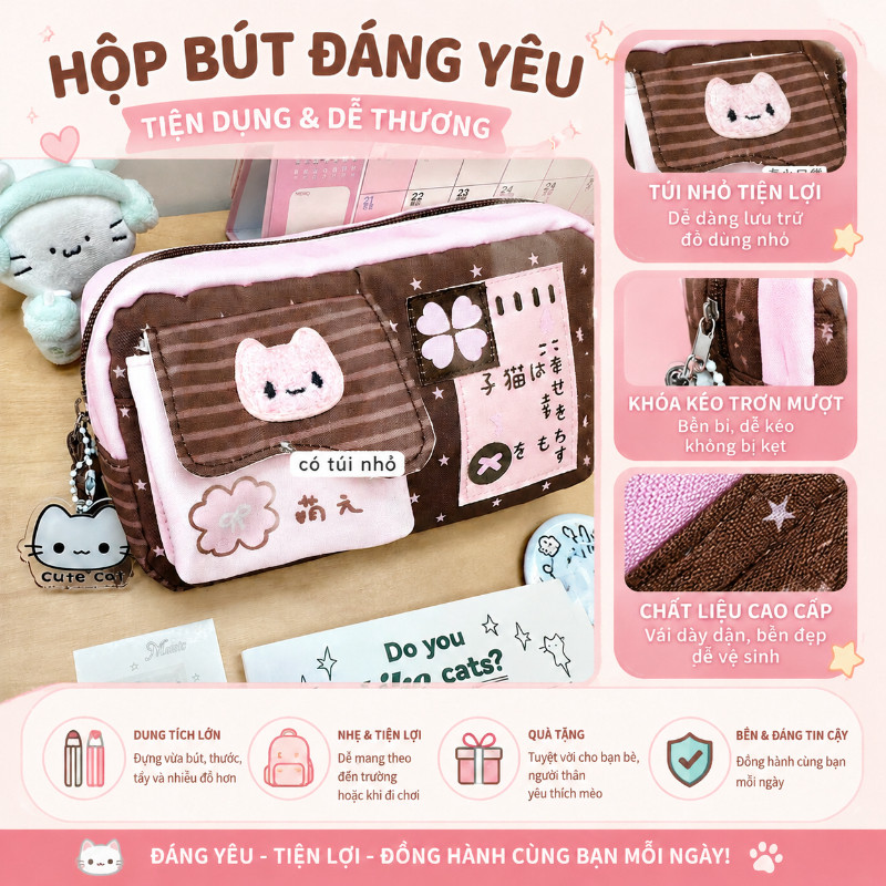 Túi Bút Mèo Dễ Thương Cỏ Ba Lá, Hộp Bút Dung Tích Lớn, Túi Đựng Bút Văn Phòng Phẩm