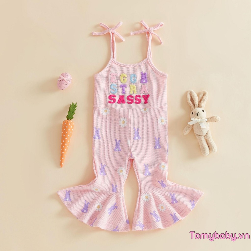 Bộ áo liền quần Phục sinh cho bé gái Chữ cái dễ thương Bunny thêu không tay dưới chuông tổng thể